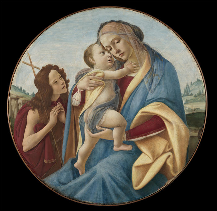 桑德罗·波提切利（Sandro Botticelli，意大利画家）作品-《圣母子与施洗者圣约翰（约 1490 年）》油画高清下载