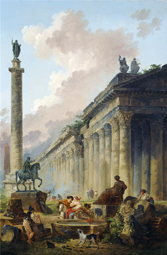 休伯特·罗伯特（Hubert Robert，法国画家）作品-罗马想象中的马可·奥勒留马术雕像、图拉真柱和一座寺庙高清下载