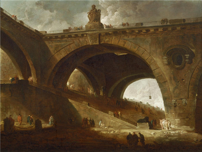 休伯特·罗伯特（Hubert Robert，法国画家）作品-旧桥（约 1760 年）高清下载