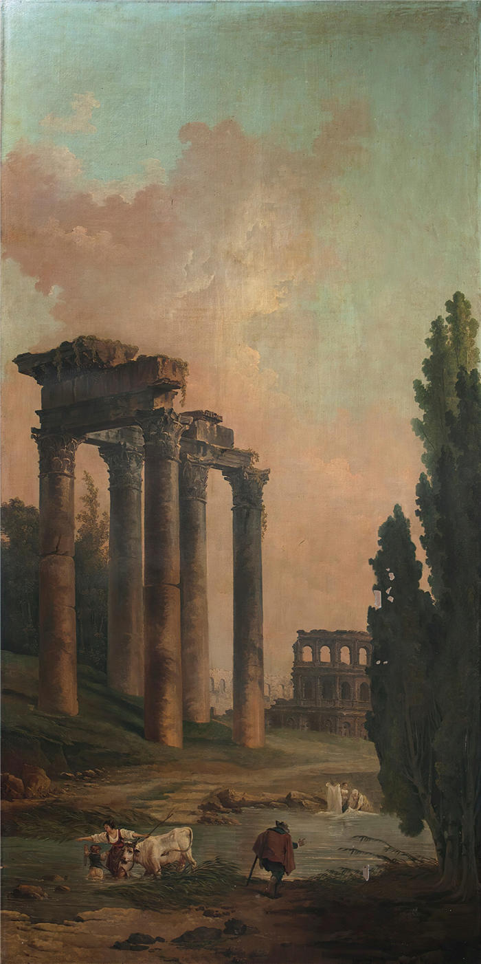 休伯特·罗伯特（Hubert Robert，法国画家）作品-土星神庙和罗马斗兽场遗址的建筑随想曲在背景中高清下载