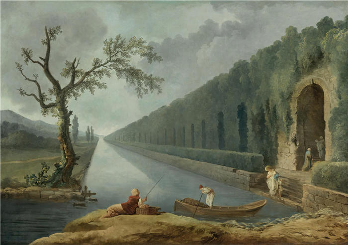 休伯特·罗伯特（Hubert Robert，法国画家）作品-有运河的花园场景高清下载