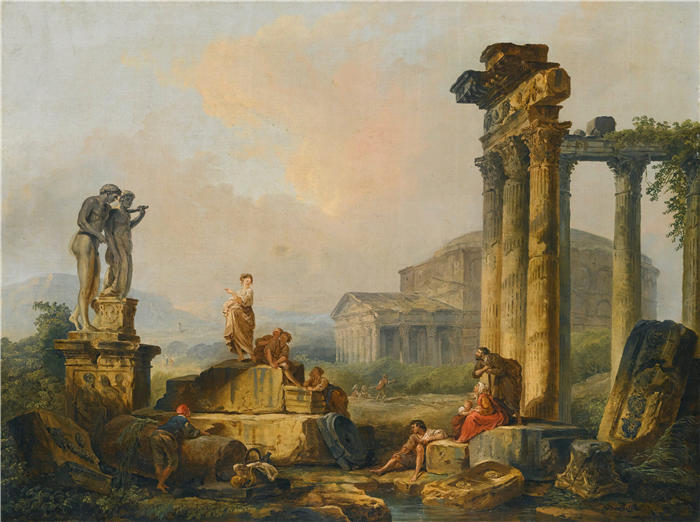 休伯特·罗伯特（Hubert Robert，法国画家）作品-古代遗迹中牧羊人和牧羊女的风景高清下载