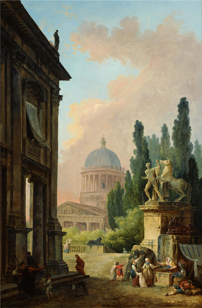休伯特·罗伯特（Hubert Robert，法国画家）作品-罗马与卡瓦洛山的驯马师和教堂的想象图高清下载