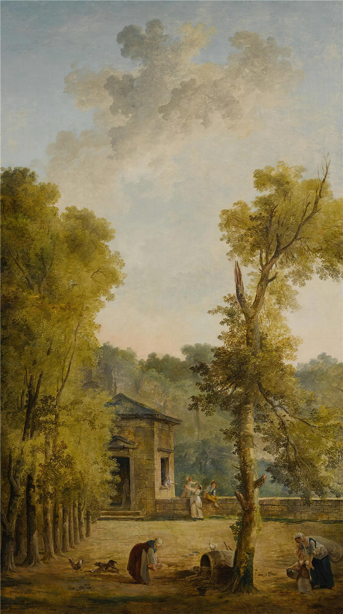 休伯特·罗伯特（Hubert Robert，法国画家）作品-一个围墙花园庭院的景色高清下载