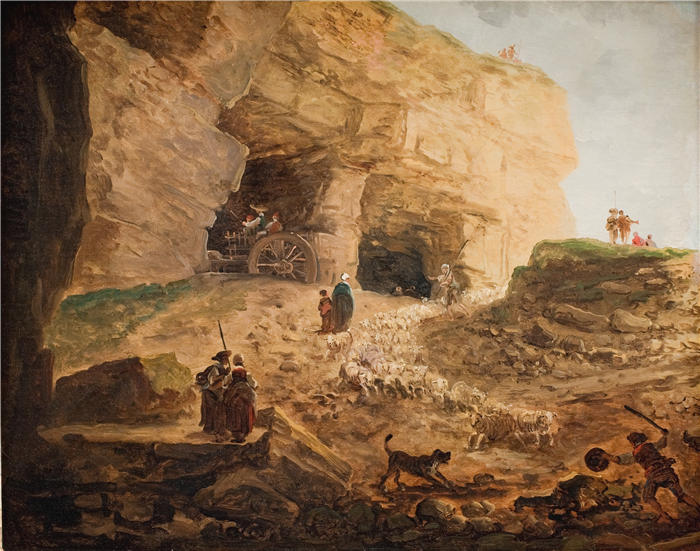 休伯特·罗伯特（Hubert Robert，法国画家）作品-有一群羊的采石场 (1748 – 1808)高清下载