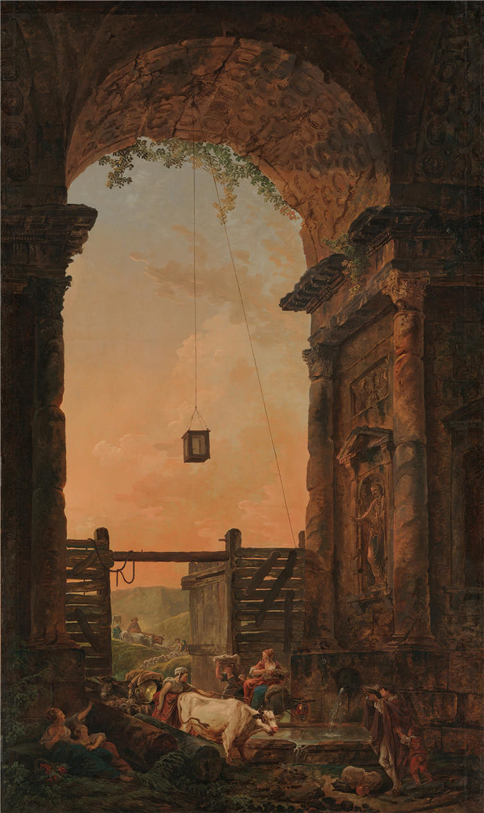 休伯特·罗伯特（Hubert Robert，法国画家）作品-牛的回归（约 1773-75）高清下载