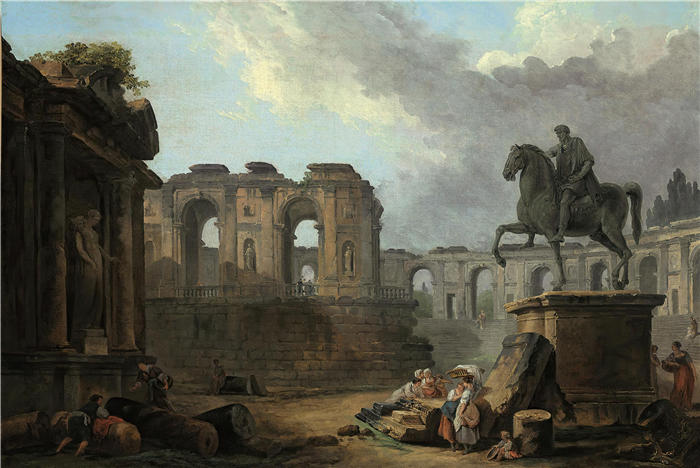 休伯特·罗伯特（Hubert Robert，法国画家）作品-马可·奥勒留 (Marcus Aurelius) 雕像旁的罗马随想曲与洗衣妇高清下载