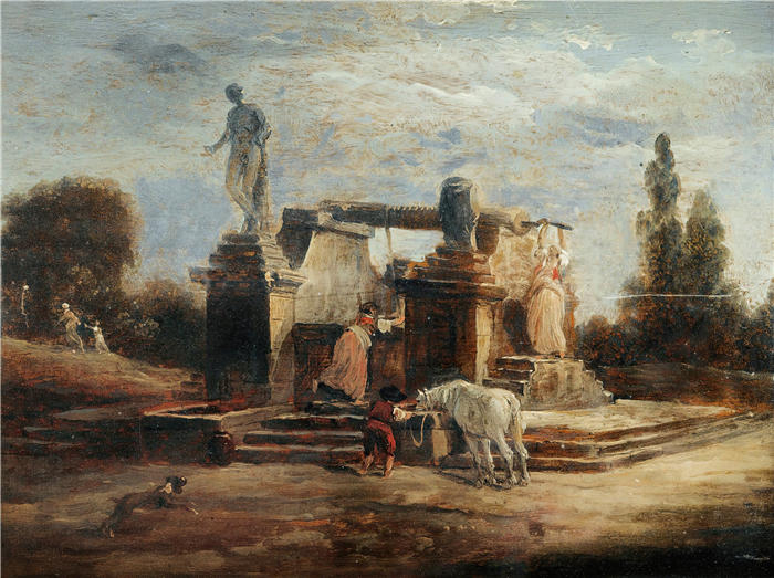 休伯特·罗伯特（Hubert Robert，法国画家）作品-喷泉边的洗衣妇高清下载