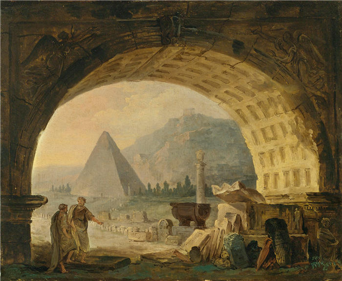 休伯特·罗伯特（Hubert Robert，法国画家）作品-拱门下的古物观（1789）高清下载