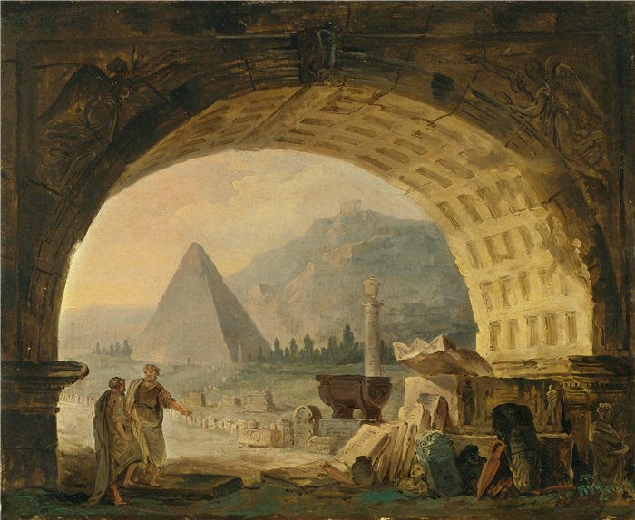 休伯特·罗伯特(Hubert Robert,法国画家)作品-拱门下的古物观(1789)高清下载