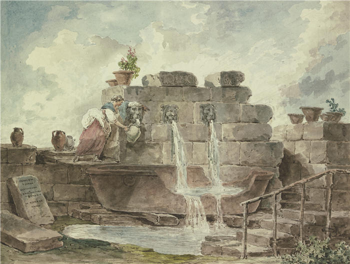 休伯特·罗伯特（Hubert Robert，法国画家）作品-一个女人在收集水的罗马喷泉（1792）高清下载
