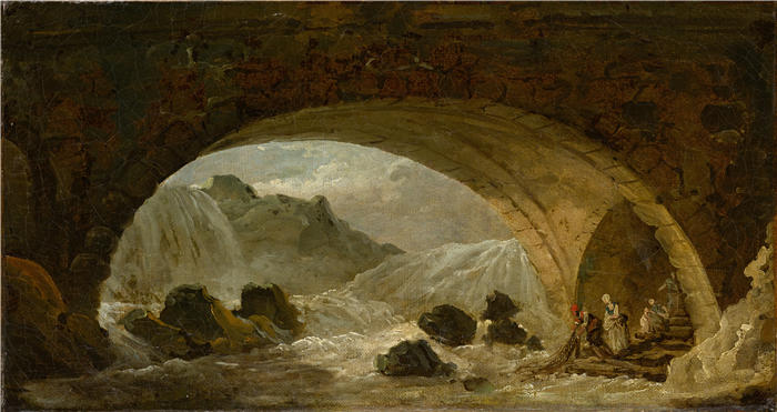 休伯特·罗伯特（Hubert Robert，法国画家）作品-桥下的渔民 (1780–1790)高清下载