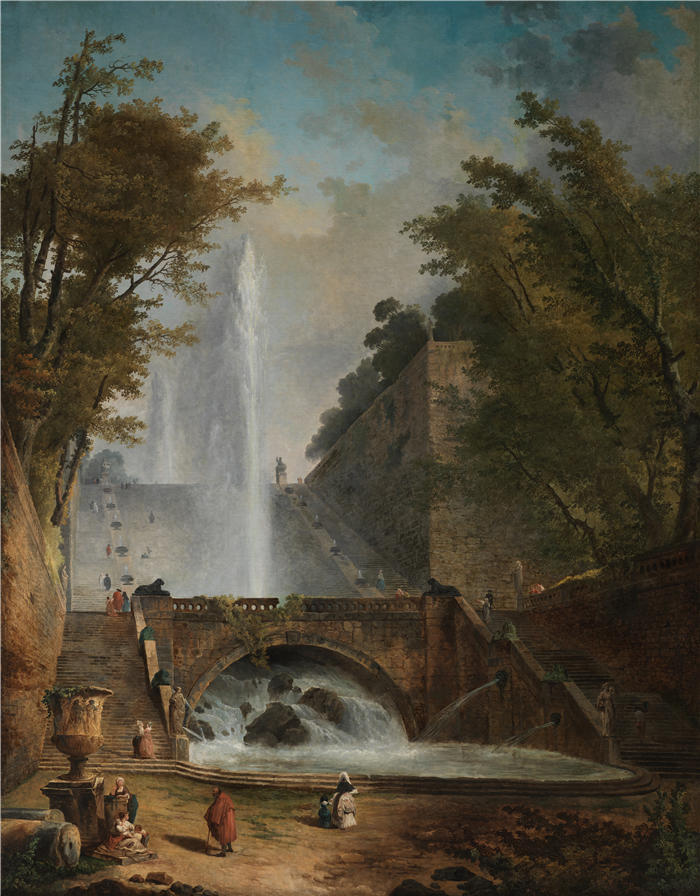休伯特·罗伯特（Hubert Robert，法国画家）作品-罗马别墅公园的楼梯和喷泉（约 1775 年）高清下载