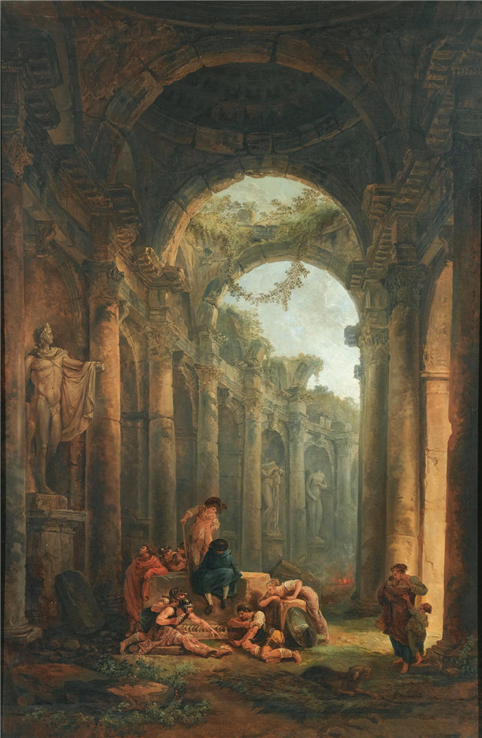 休伯特·罗伯特（Hubert Robert，法国画家）作品-士兵赌博的经典废墟高清下载