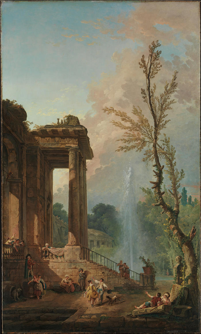 休伯特·罗伯特（Hubert Robert，法国画家）作品-乡村豪宅的门廊（1773）高清下载