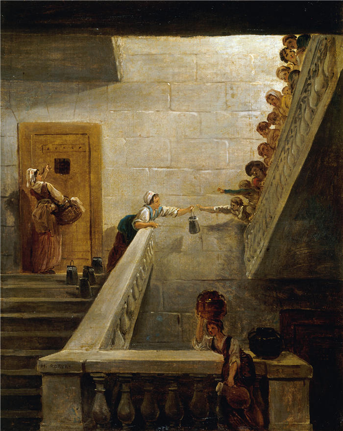 休伯特·罗伯特（Hubert Robert，法国画家）作品-在圣拉扎尔监狱提供囚犯 (1794)高清下载