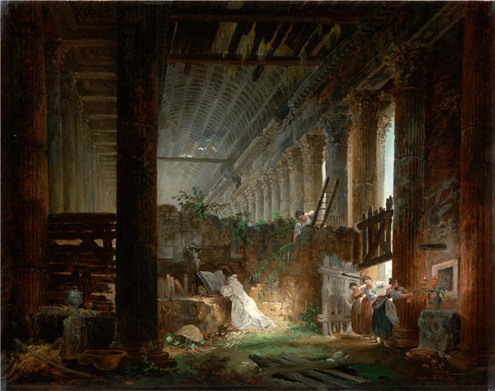 休伯特·罗伯特（Hubert Robert，法国画家）作品-在罗马神庙废墟中祈祷的隐士（约 1760 年）高清下载