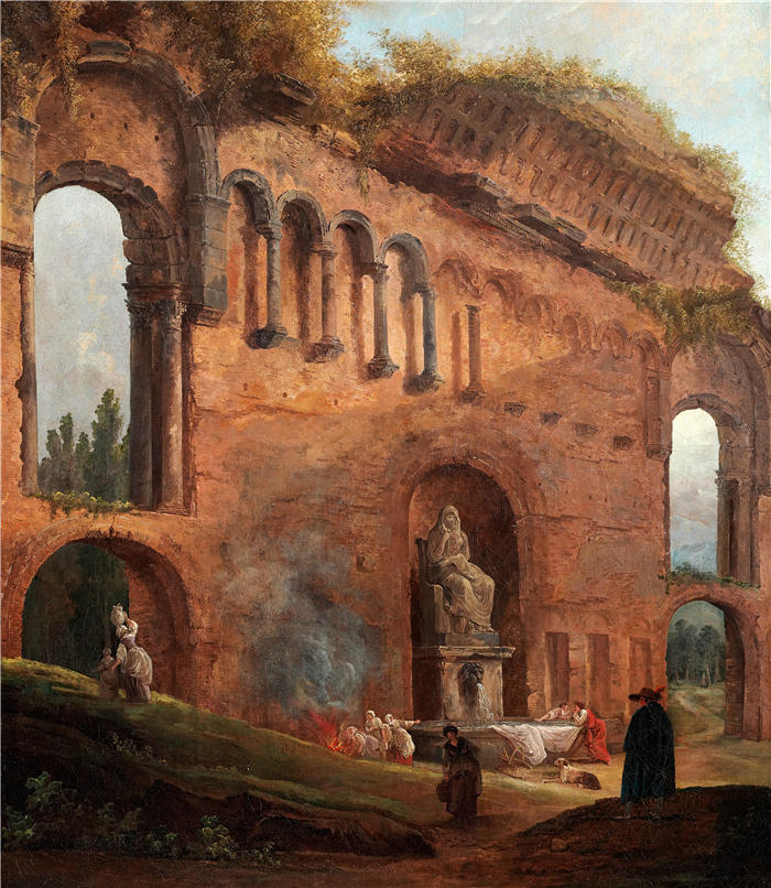 休伯特·罗伯特（Hubert Robert，法国画家）作品-有洗衣店的罗马废墟（约 1777 年）高清下载