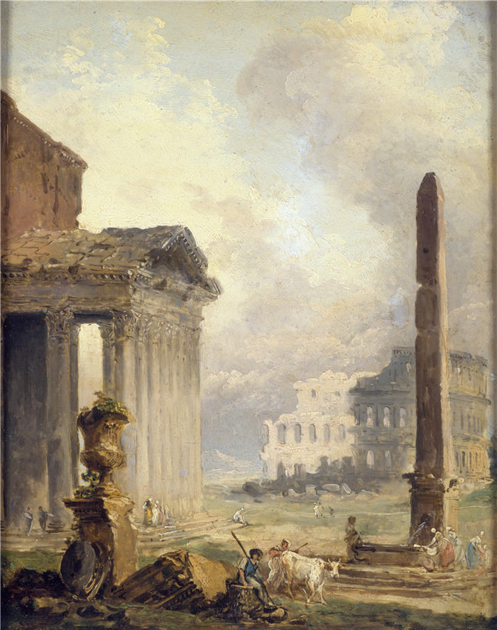 休伯特·罗伯特（Hubert Robert，法国画家）作品-罗马废墟、罗马斗兽场和方尖碑（1765 年）高清下载