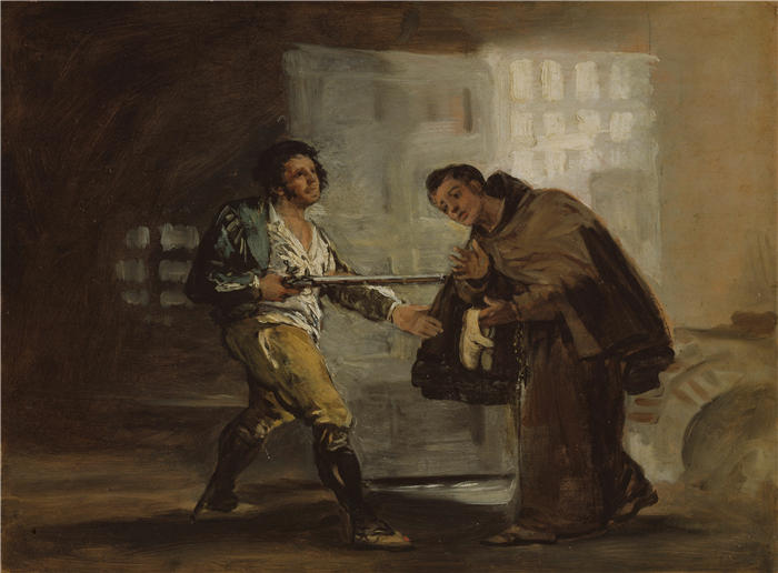 弗朗西斯科·德·戈雅 （Francisco de Goya y Lucientes，西班牙画家）作品-佩德罗修士向 El Maragato 提供鞋子并准备推开他的枪（约 1806 年）