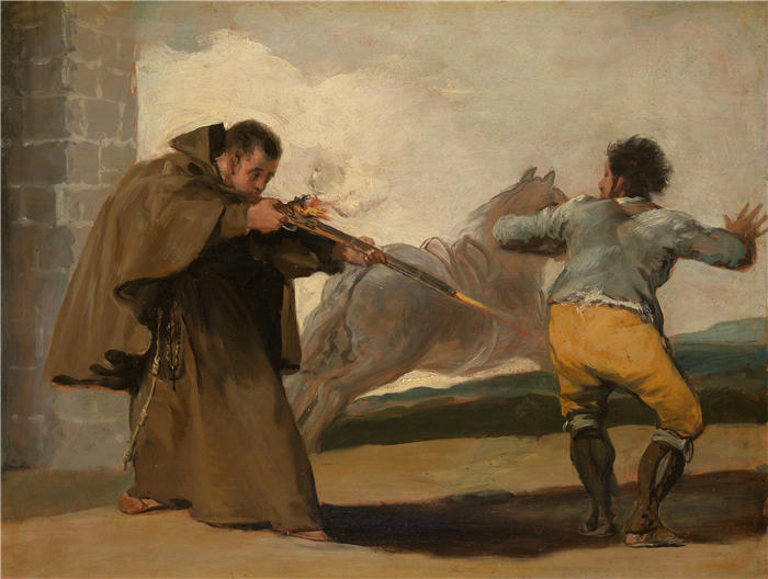 弗朗西斯科·德·戈雅 （Francisco de Goya y Lucientes，西班牙画家）作品-佩德罗修士在他的马跑开时射杀 El Maragato（约 1806 年）