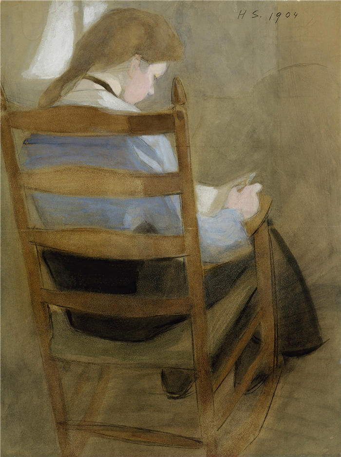 海伦娜·索菲亚(Helena Sofia，芬兰画家)作品-《读书的女孩（坐着的女孩）（1904）》高清下载