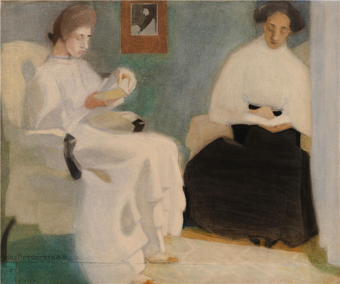 海伦娜·索菲亚(Helena Sofia，芬兰画家)作品-《女孩阅读 (1907)》高清下载