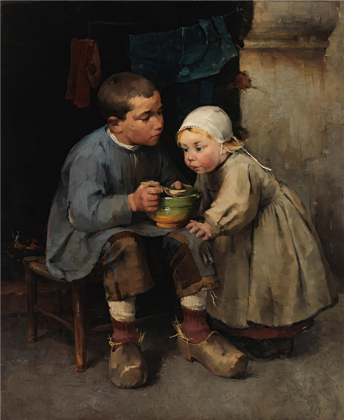 海伦娜·索菲亚(Helena Sofia，芬兰画家)作品-《一个男孩喂养他的小妹妹 (1881)》高清下载