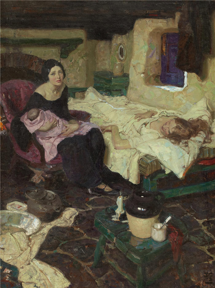 迪恩·康威尔（Dean Cornwell，美国画家）作品-美丽的助产士、婴儿和美丽的母亲 (1923)