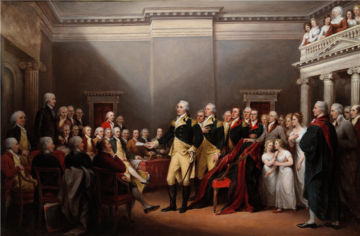 约翰·特朗布尔（John Trumbull，美国画家）高清作品-华盛顿将军的辞职，1783 年 12 月 23 日 (1824–28)