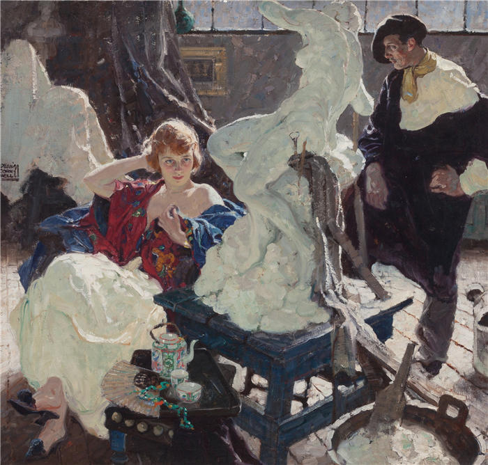 迪恩·康威尔（Dean Cornwell，美国画家）作品-艺术家和他的模特 (1921)
