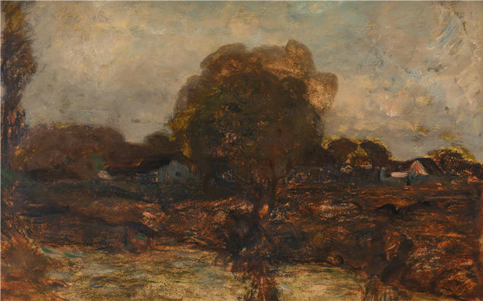 阿道夫·霍尔泽尔（Adolf Hölzel，德国画家）作品 -《河流景观与村庄（约 1890 年）》高清下载