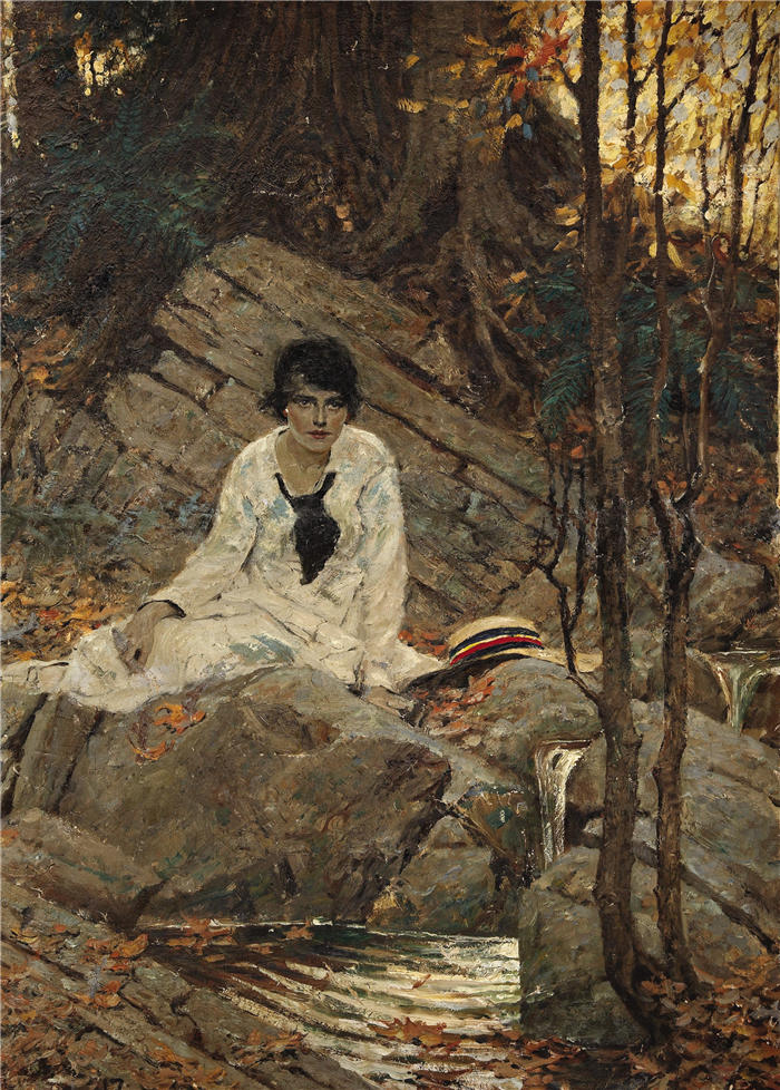 迪恩·康威尔（Dean Cornwell，美国画家）作品-戴帽子的坐着的女人（大约 1917 年）