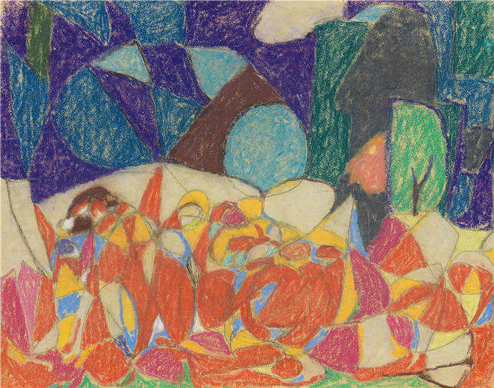 阿道夫·霍尔泽尔（Adolf Hölzel，德国画家）作品 -《紫绿色形状下的一组人物（1920）》高清下载