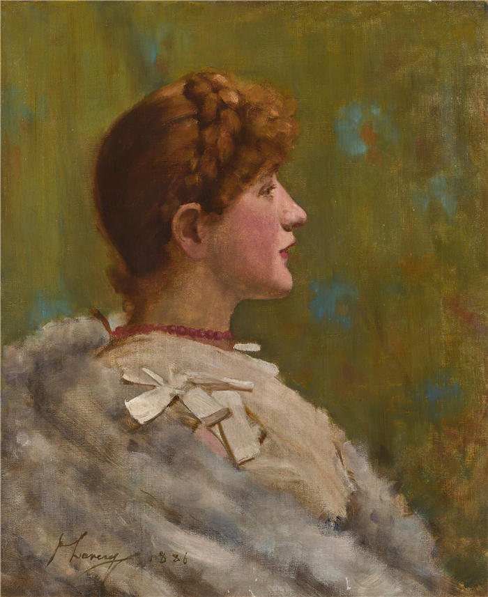 约翰·拉弗里（John Lavery，爱尔兰画家）作品-《裹着皮草的女孩 (1886)》高清下载