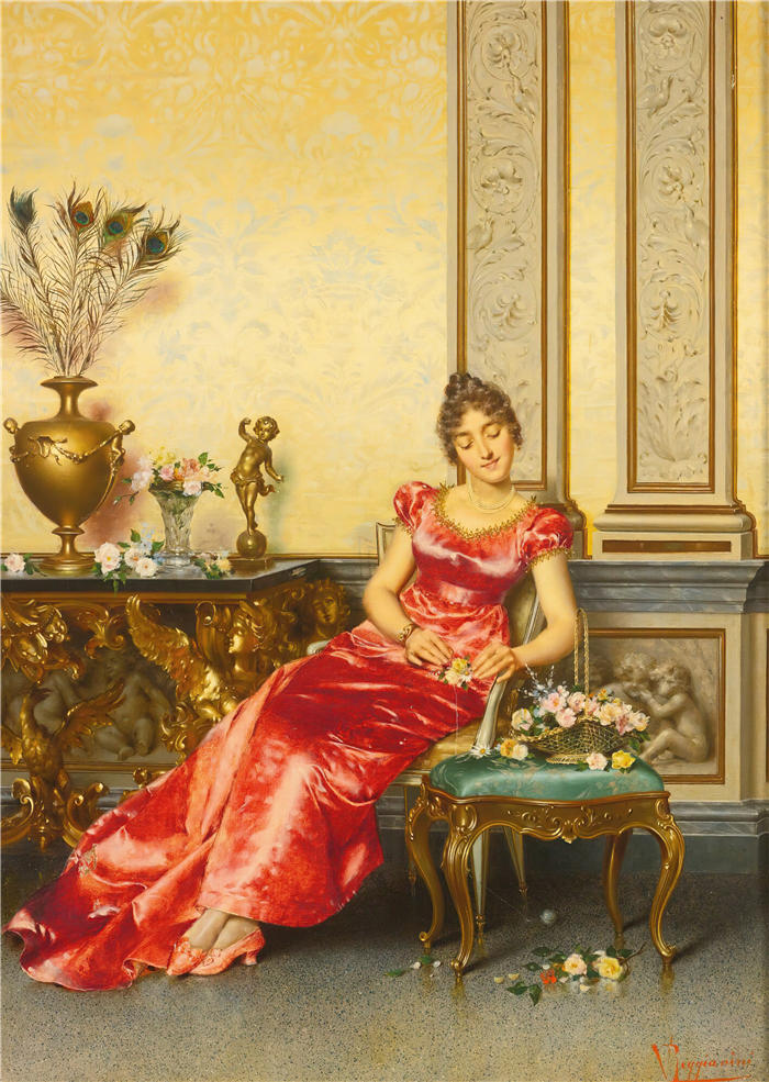 维托里奥·雷贾尼尼（Vittorio Reggianini，意大利画家）作品-《一篮花》高清下载