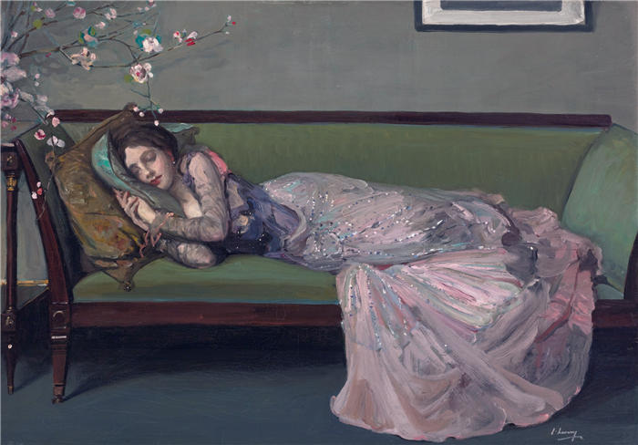 约翰·拉弗里（John Lavery，爱尔兰画家）作品-《绿色沙发》高清下载