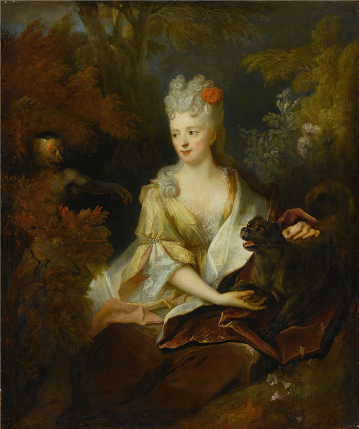 尼古拉斯·德·拉吉耶尔（Nicolas de Largillière，法国画家）作品-一位女士与她的爱犬和一只猴子坐在风景中的画像