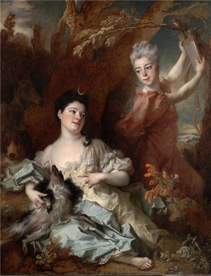 尼古拉斯·德·拉吉耶尔（Nicolas de Largillière，法国画家）作品-蒙索罗伯爵夫人和她姐姐戴安娜和侍从的肖像（1714 年）