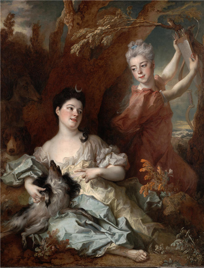 尼古拉斯·德·拉吉耶尔(Nicolas de Largillière,法国画家)作品-蒙索罗伯爵夫人和她姐姐戴安娜和侍从的肖像(1714 年)
