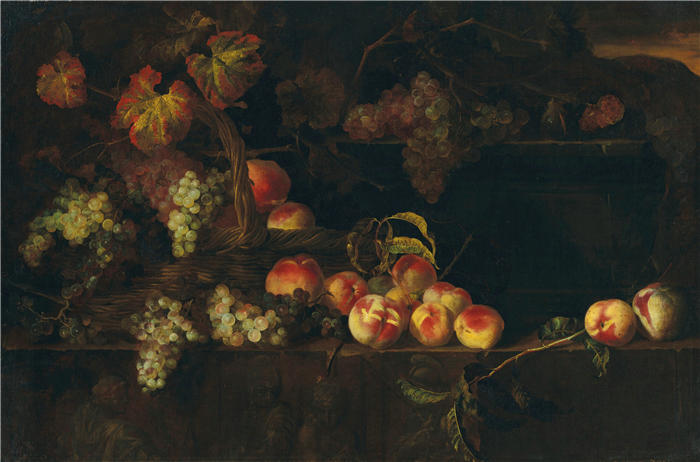 尼古拉斯·德·拉吉耶尔(Nicolas de Largillière,法国画家)作品-柳条篮子里的葡萄和桃子