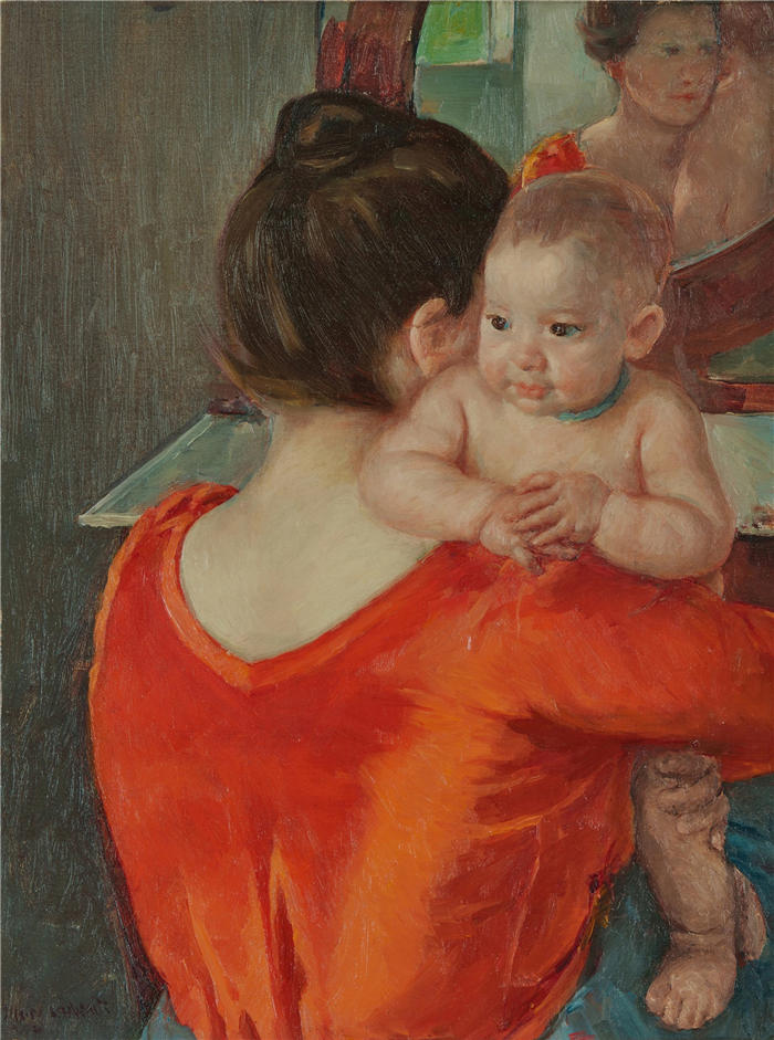玛丽·卡萨特(Mary Cassatt,美国画家)作品–《小查尔斯从妈妈的肩膀上看过去》高清下载