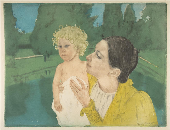 玛丽·卡萨特（Mary Cassatt，美国画家）作品–《池塘边（大约 1896 年）》高清下载.zip