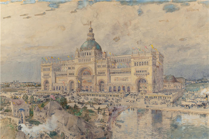 柴尔德·哈萨姆（Childe Hassam，美国画家）作品-《MacKaye Spectatorium 与爱荷华馆前景，哥伦比亚博览会（1893 年）》高清下载