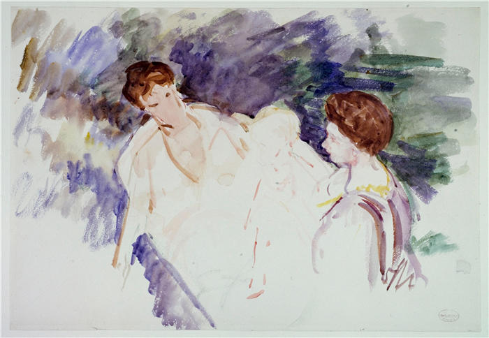 玛丽·卡萨特（Mary Cassatt，美国画家）作品–《学习“乐贝恩”；船上的两个女人和一个孩子（1910 年）》高清下载