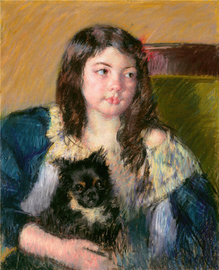 玛丽·卡萨特（Mary Cassatt，美国画家）作品–《弗朗索瓦丝，抱着一只小狗，向右看（1909）》高清下载