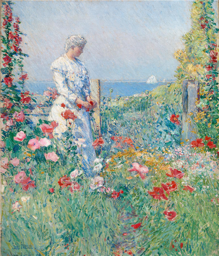 柴尔德·哈萨姆（Childe Hassam，美国画家）作品-《在花园里（西莉亚·萨克斯特在她的花园里）（1892）》高清下载