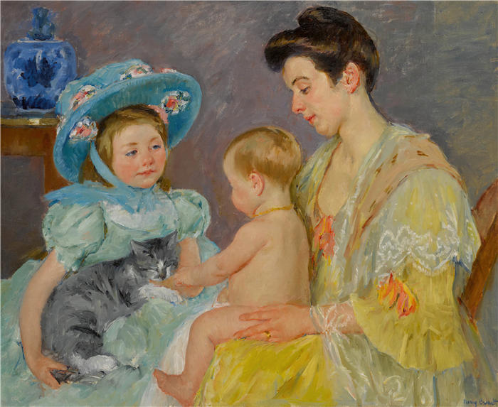 玛丽·卡萨特（Mary Cassatt，美国画家）作品–《孩子们玩猫》高清下载