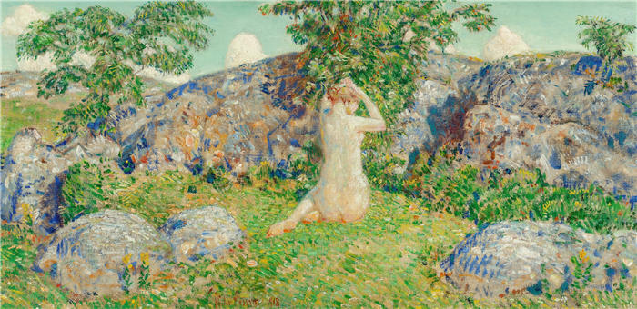 柴尔德·哈萨姆（Childe Hassam，美国画家）作品-《安角的岩石 (1918)》高清下载