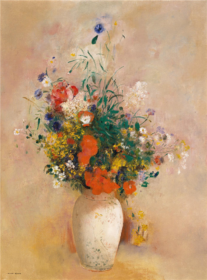 奥迪隆·雷顿（Odilon Redon，法国画家）作品-《花瓶（粉红色背景）（约1906年）》高清下载